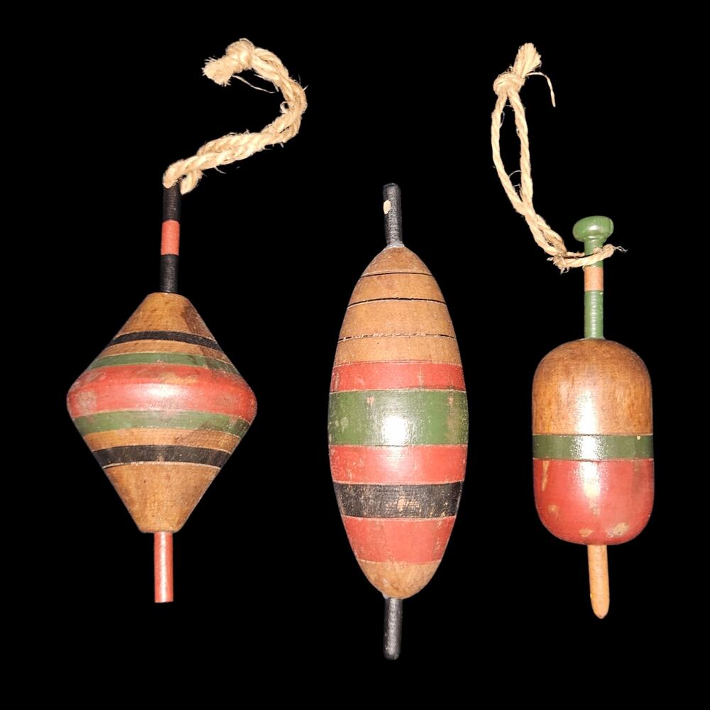 Vintage Wooden Christmas Ornaments Hand Painted Striped Set of 3